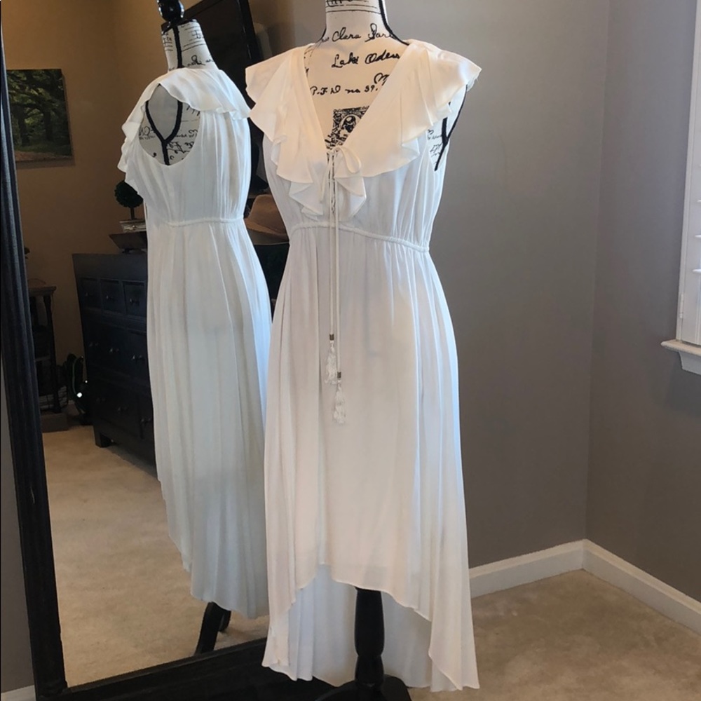 Hale Bob White Ruffled V-neck Hi-Lo, Lace-up Dress